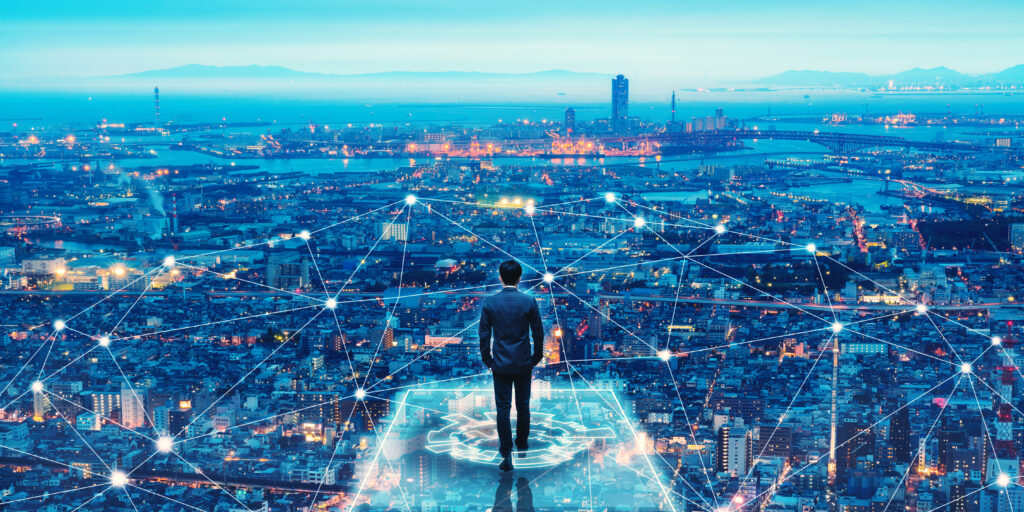 man look out over a city